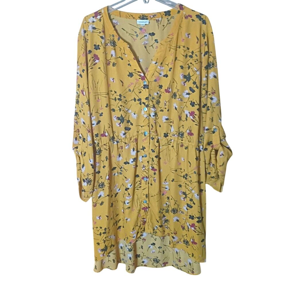 Avenue Women 26/28 4x Yellow Floral Spring Roll Tab 3/4 Length Sleeve Mini Dress